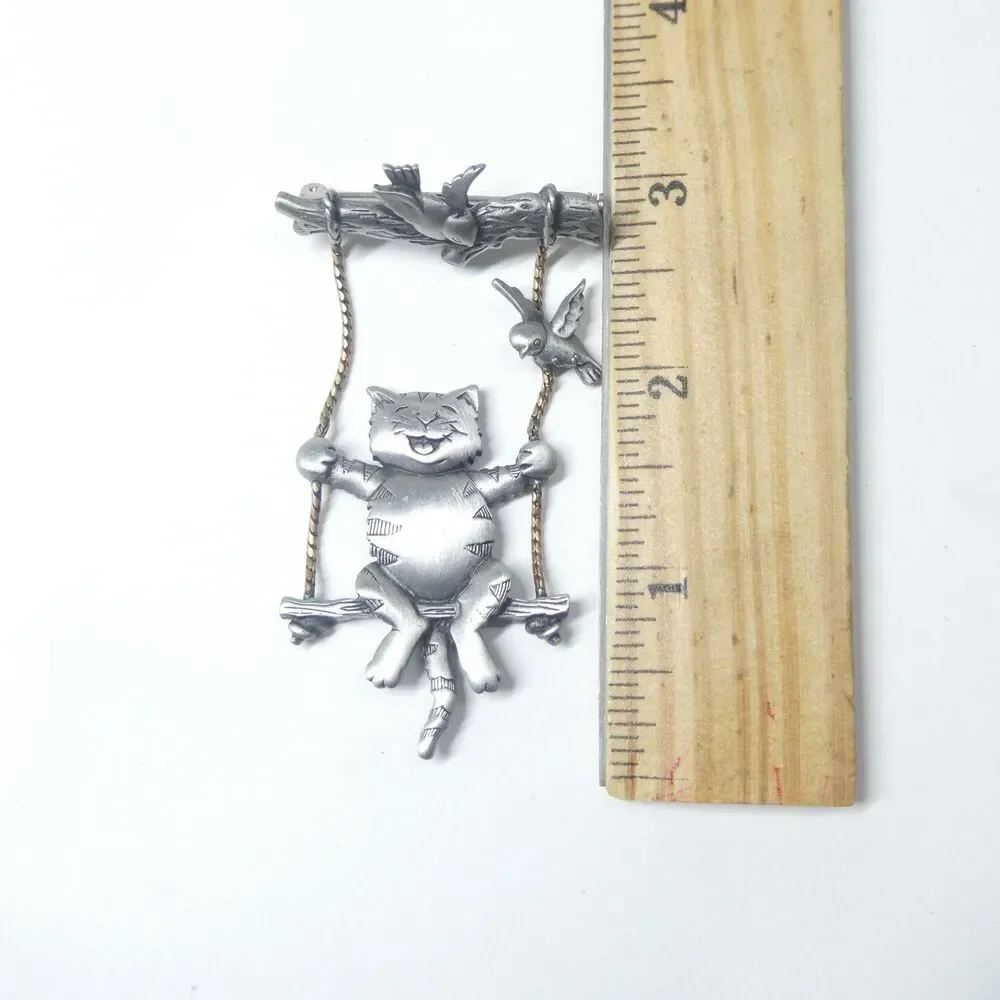 Cat in a Tree Swing Pin Vintage JJ Jonette Brooch Swinging